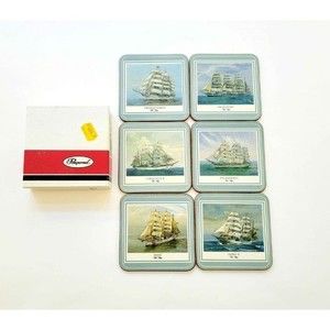 Vintage Pimpernel Made in England "Tall Ships" Cork Back 6 Coasters w/ Box 1990s
